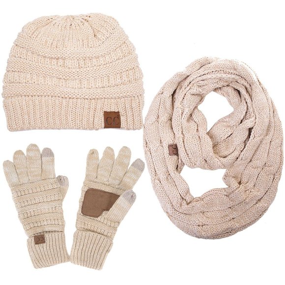 C.C 3pc Two Tone Knit Beanie Scarves Gloves Set - Picture 1 of 4